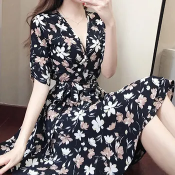 

1 Pcs Women Lady Dress Floral Printing V Neck Medium Length Fashion for Summer SER88