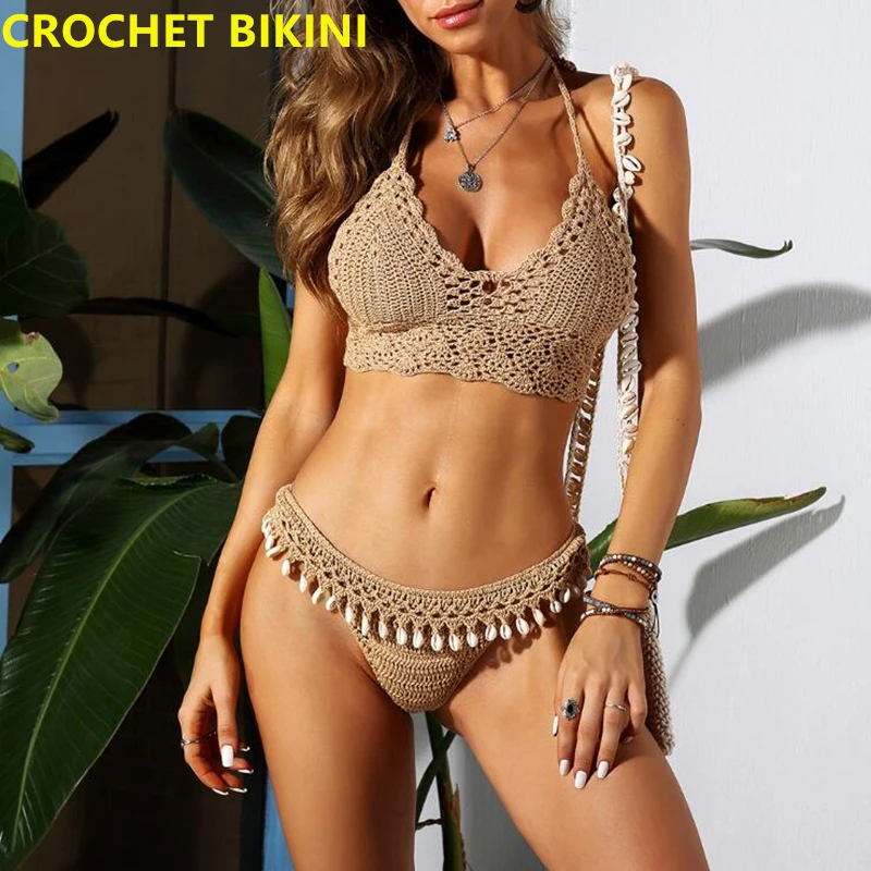 цена CROCHET BIKINI 2021 Sexy Handmade Knit Crochet Crop Tops Women Summer Swimwear Camisoles Push Up beach Tanks Halter Yoga Bras