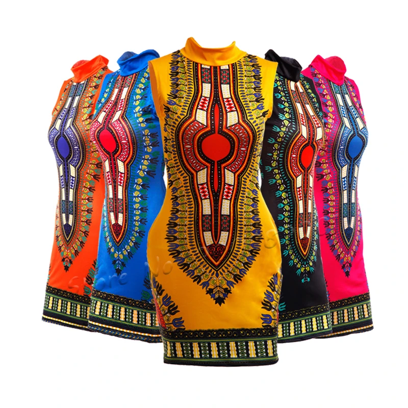African Dresses for Women Sleeveless Elastic Dashiki Print Bazin Robe Africaine Ladies Clothes Female Dress Party Rich Clothing african robe