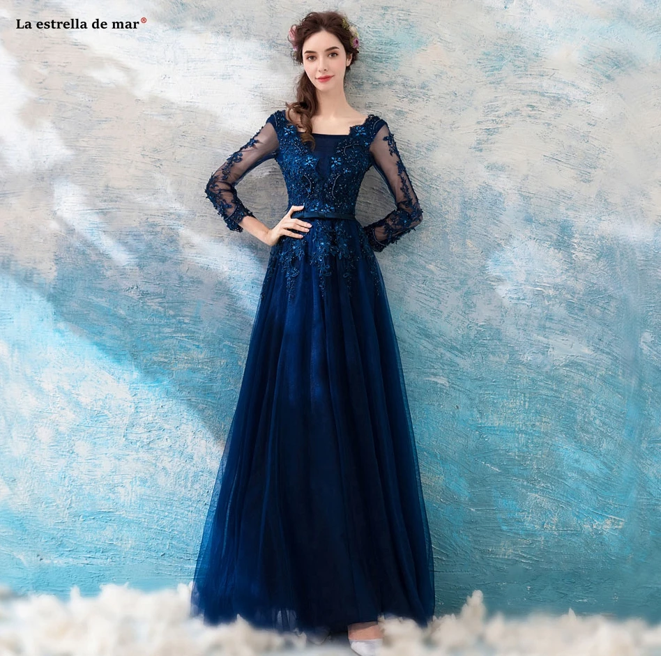 Vestido dama de honra, новинка, кружевное платье трапециевидной формы с длинным рукавом и бусинами, темно-синее платье подружки невесты, длинное свадебное платье abiti da damigella