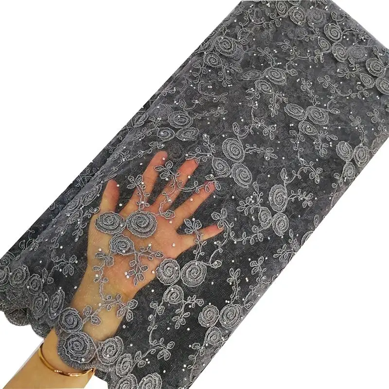 

Tulle African Laces 2019 New Arrival Africa Lace With Mesh Embroidered Rhinestones Lace Fabric For Nigerian Wedding