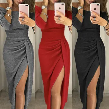 

Women Off Shoulder Long Sleeve Bodycon Dress Split Evening Party Gown Formal Long Dresses