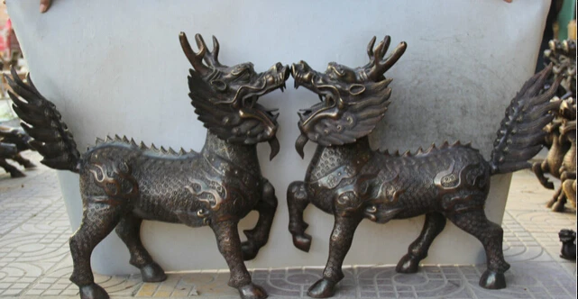 JP S0522 2" Китайский Бронзовый Дракон животное зверь Kylin Chi-lin Qilin Скульптура Статуя Пара