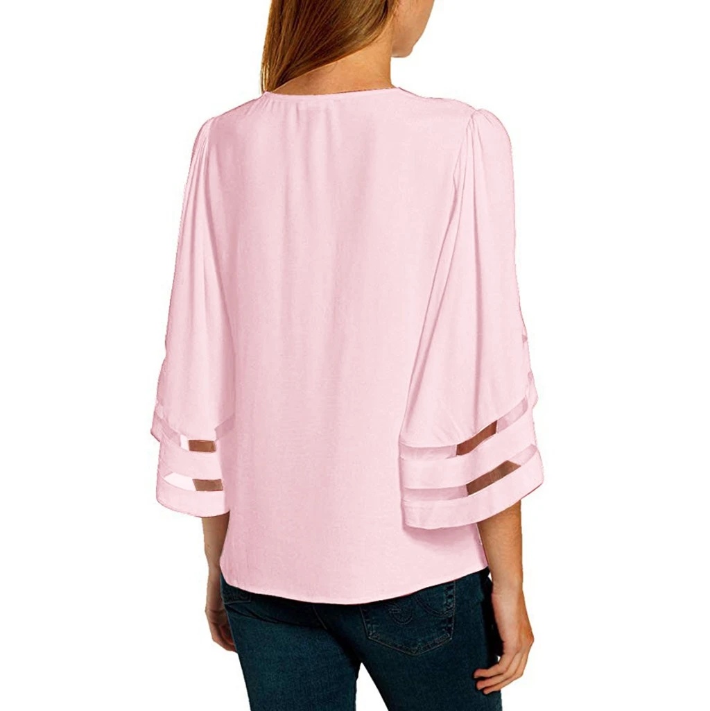 JAYCOSIN Fashion Loose Blouse Female V Neck Mesh Panel Blouses 3/4 Bell Sleeve Casual Loose Blouse Patchwork Ladies Girls 802