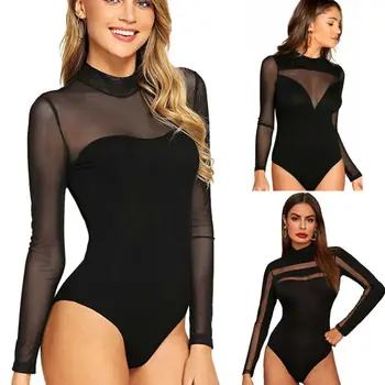

2020 Womens Sexy Mesh Sheer Turtleneck Body suit Ladies Long Sleeve Leotard Tops Black Jumpsuit