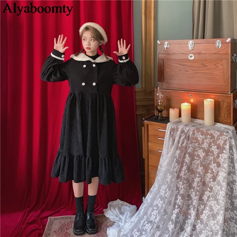 Японское осенне-зимнее женское черное платье с воротником из овечьей шерсти вельветовое свободное платье в стиле Лолиты милое платье миди с оборками