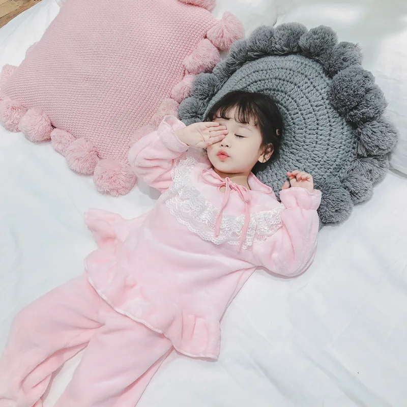 Осенне-зимние детские пижамные комплекты для девочек; однотонная Фланелевая пижама с кружевным воротником; теплые пижамы для маленьких детей; домашняя одежда; костюм - Цвет: Pink