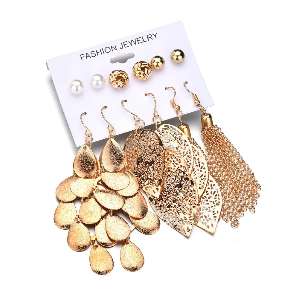 

Europe And America New Style Ear Stud 6 on Board Pearl Earings Set Hollow out Leaves Weaving Earrings