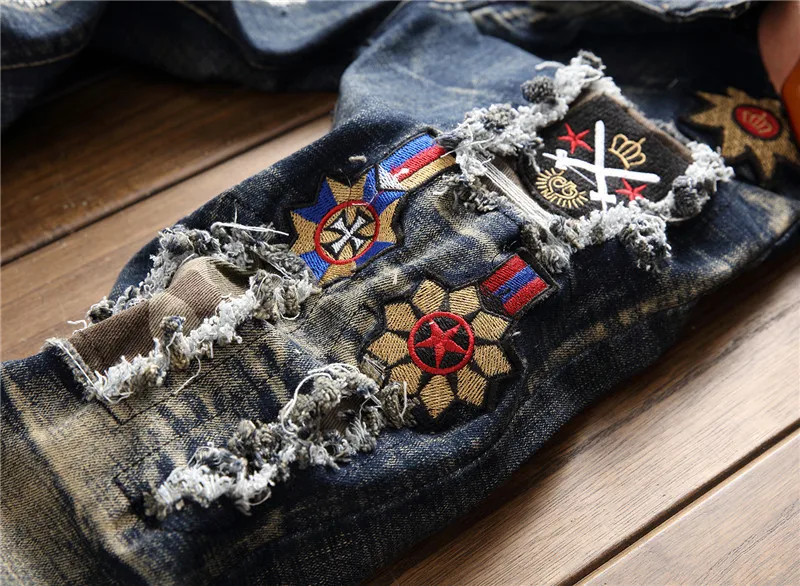 Европейский и американский стиль, роскошные мужские джинсовые брюки на молнии, узкие брендовые джинсы в стиле пэчворк, синие джинсы с вышивкой, узкие брюки для мужчин