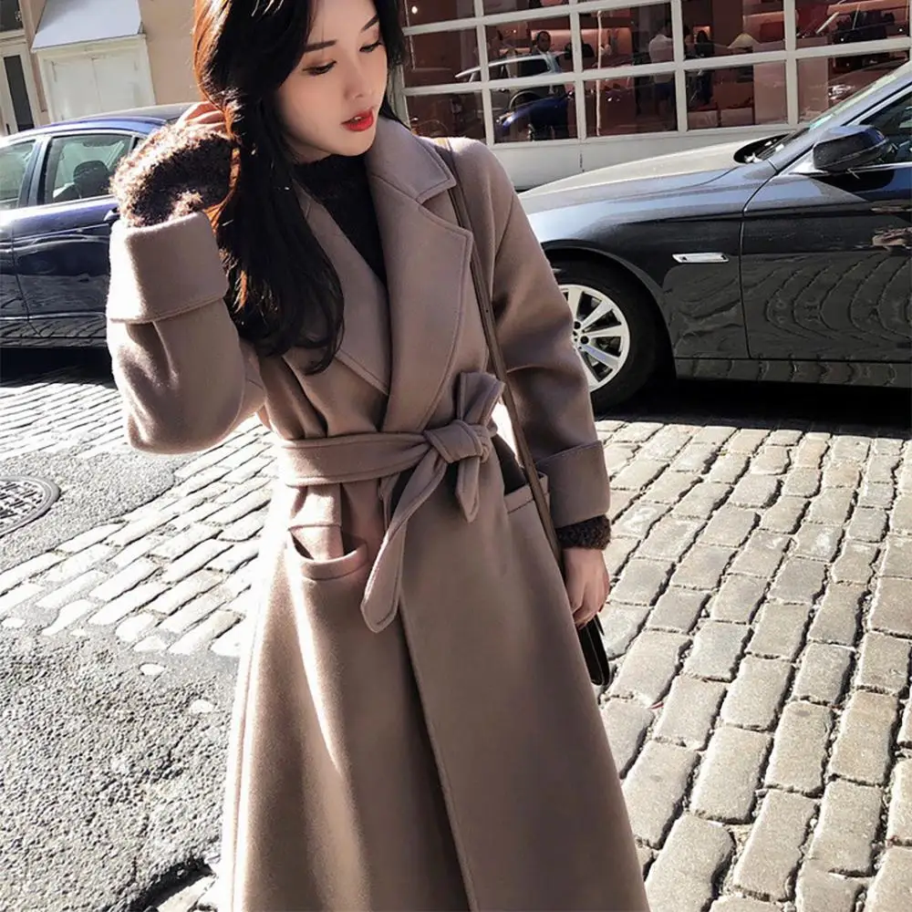 Женское зимнее шерстяное пальто с лацканами, пальто с длинным рукавом, верхняя одежда, модная новинка, однотонная теплая верхняя одежда с поясом, женское длинное пальто черного цвета - Цвет: Коричневый