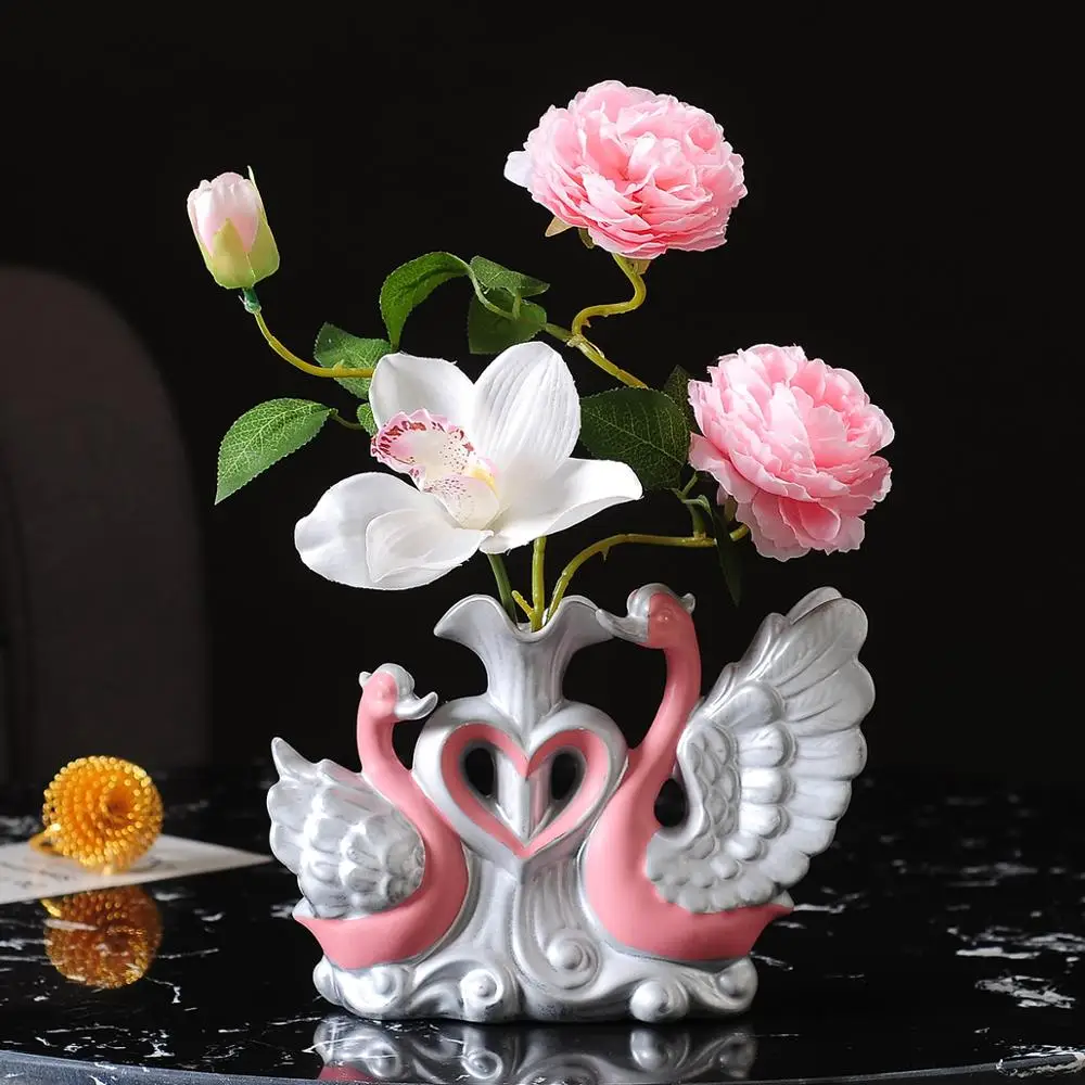 Modern Swan Ceramic Vase+Artificial Flower Ornaments Wedding Gifts Home Livingroom Desk Figurines Furnishing Crafts Decoration