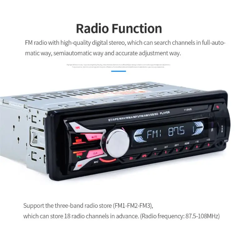 1188B Bluetooth автомобильный стерео 1Din плеер с держателем телефона в тире fm-радио