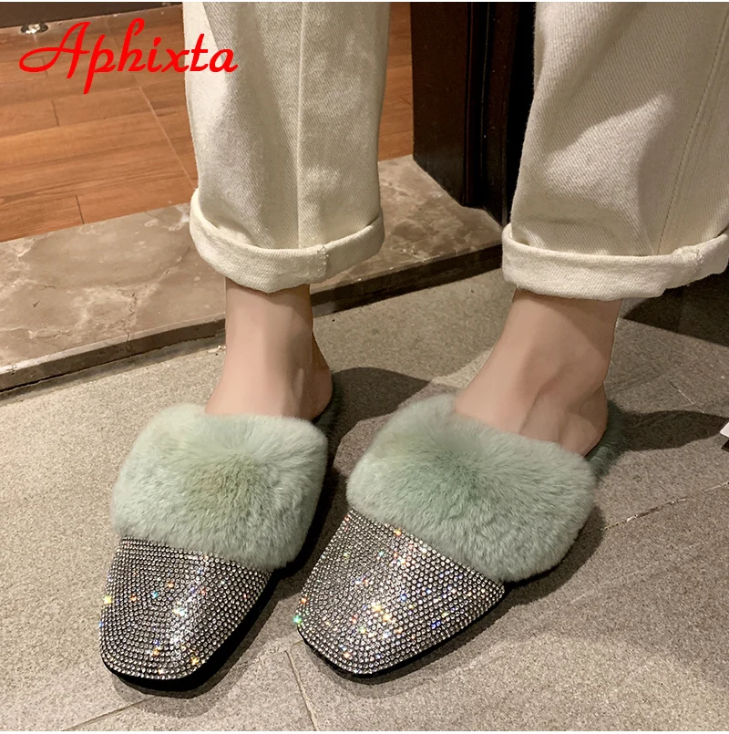 Aphixta/теплые зимние тапочки на натуральном меху; женские шлепанцы с украшением в виде кристаллов; женские пушистые тапочки; женская обувь на плоской подошве с кроличьим мехом