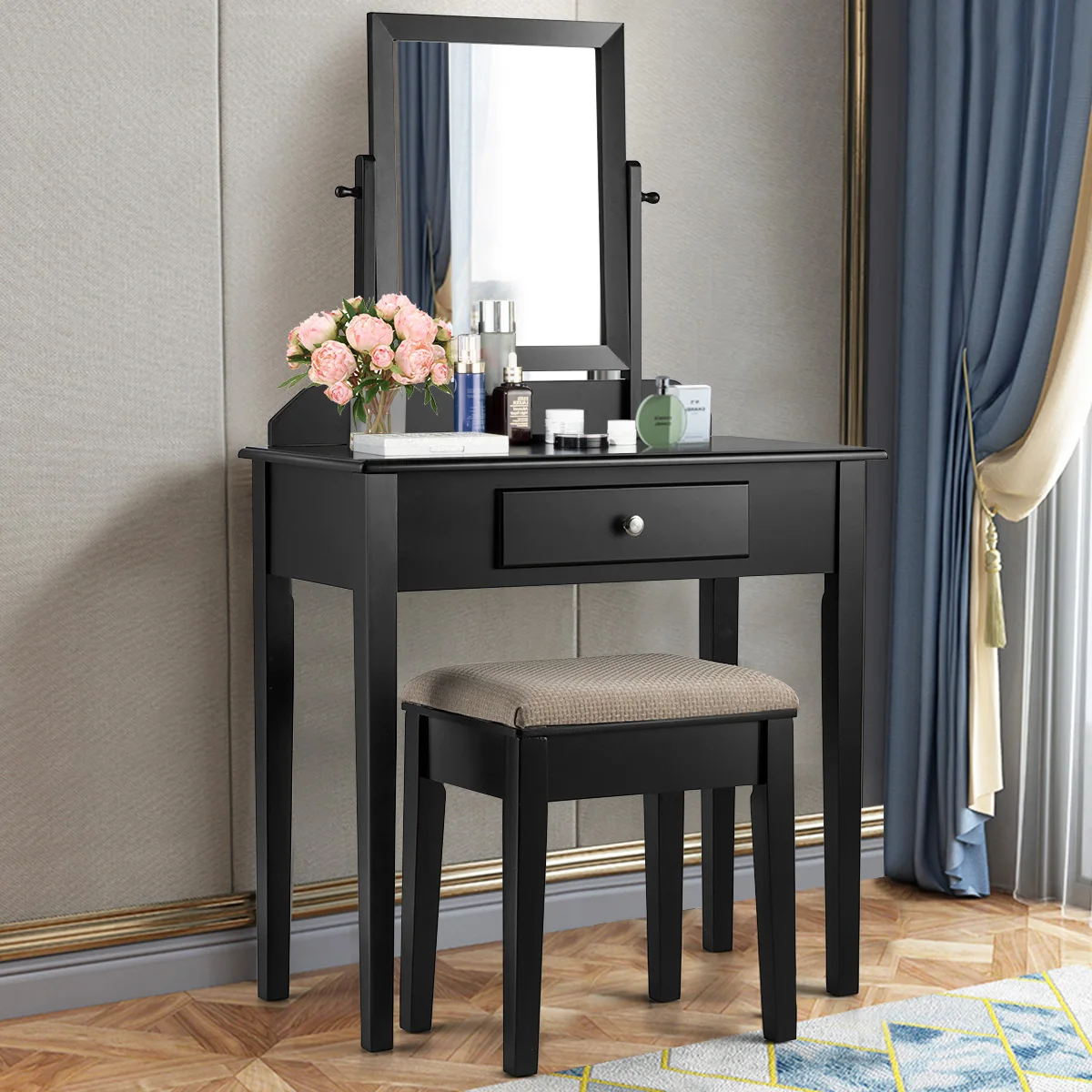 

Costway Vanity Dressing Table Large Vanity Table Stool Set Drawer