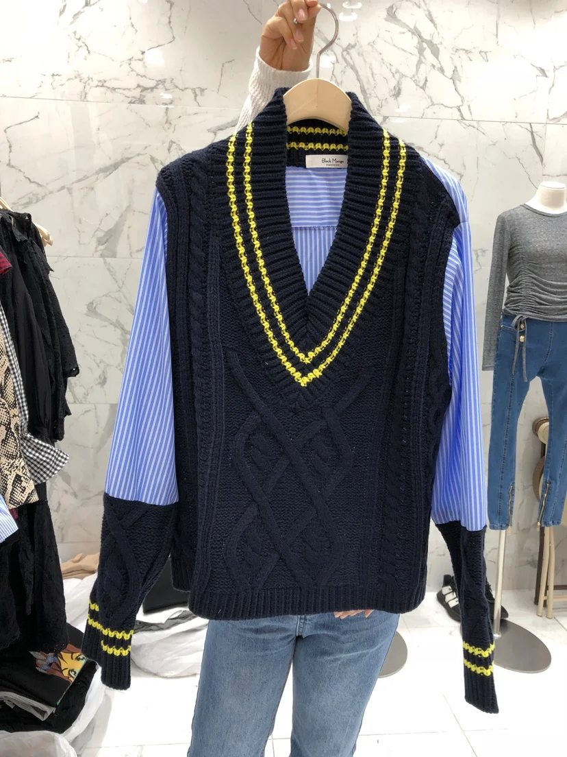 Cheerart свитер с v-образным вырезом Женский пуловер полосатый лоскутный Синий Свободный вязаный свитер с косами вязаный свитер женская одежда