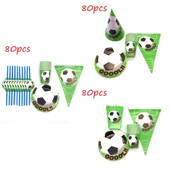 

80pcs/Lot Green Football Kids Birthday Party Disposable Cup Plate Banner Popcorn Box/Straw/Hat Tableware Decoration Supplies Set
