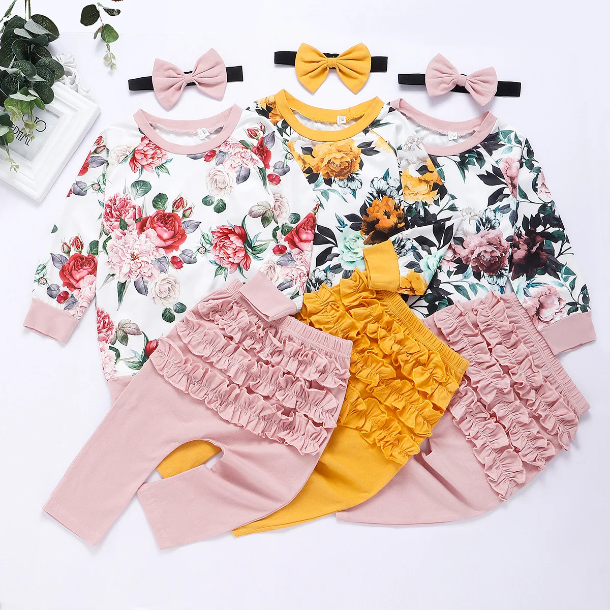 3Pcs New autumn Toddler Baby Girls Clothes Costumes Long Sleeve Flowers Print Tops+Pants Outfit Set Children's Set Baby Clothing