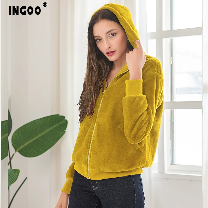 INGOO 7color осенне-зимнее пальто из искусственного меха для женщин с шапкой из искусственного меха лисы кролика карман на молнии с длинным рукавом Свободная Повседневная Женская куртка