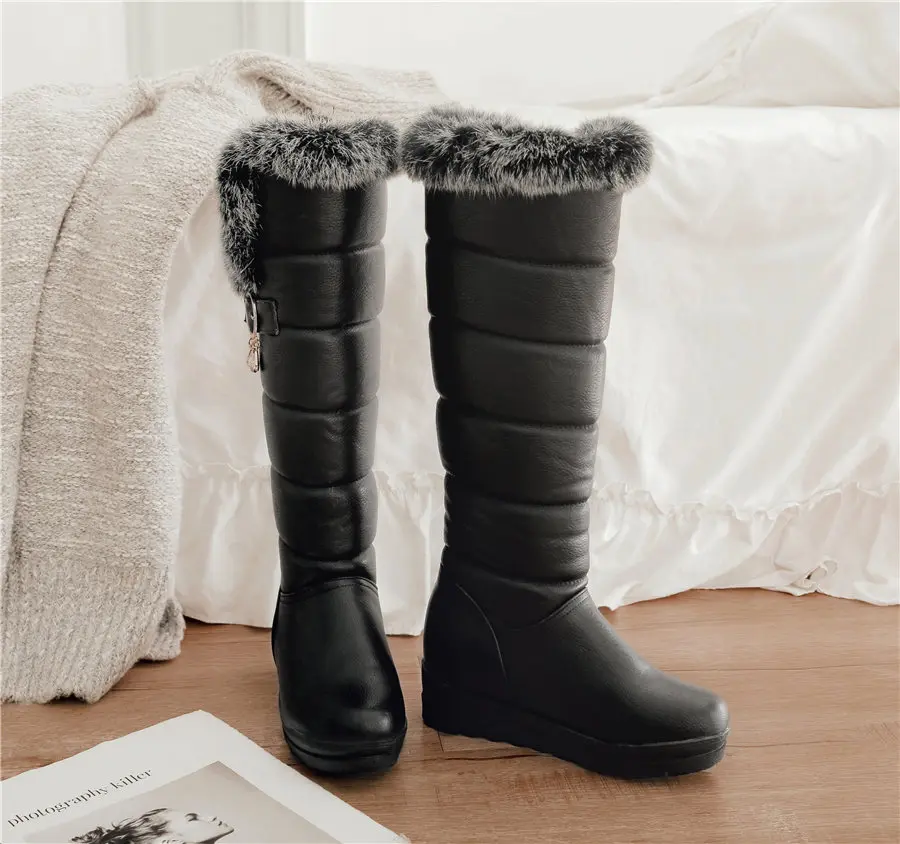 Зимние женские плюшевые сапоги до колена с кроличьим мехом; цвет красный, белый, черный; повседневные женские высокие сапоги на платформе, увеличивающие рост
