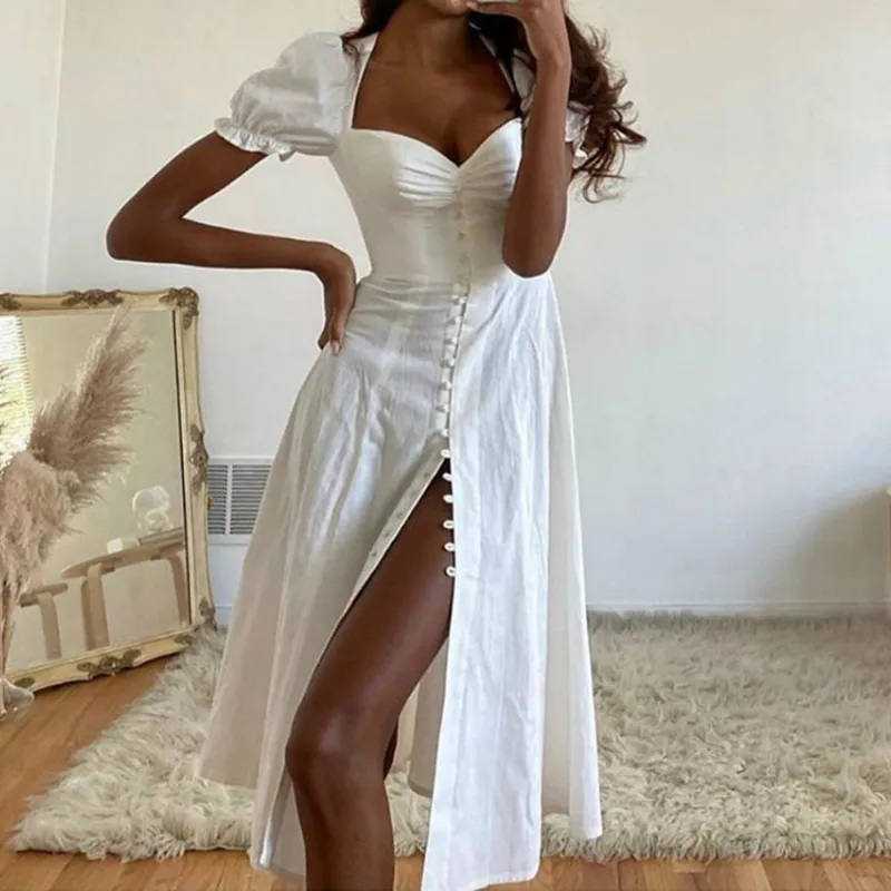

2020 Short Puff Sleeve Low Cut Midi Dresses Sexy Split Bodycon A Line White Dress Night Club Party Dresses Women Long Vestidos