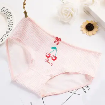 

Women Young Girls Mid Rise Cotton Underwear Sweet Cartoon Cat Cherry Fruit Print Panties Ruffles Trim Mini Bowknot Front Briefs