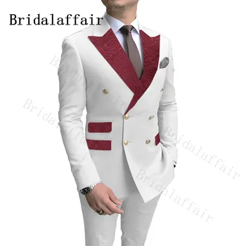 Bridalaffair Classic Burgundy Paisley Lapel Pockets Men Suits White Wedding Groom Suits Double Breasted Costume Homme 2 Piece 1