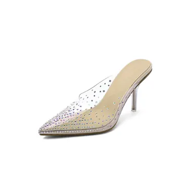 

Transparent crystal women slippers high heels shoes woman spring summer shoes woman Mules Slipper office ladies Shoes