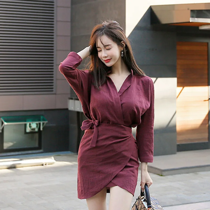 

3845 #2019 Autumn And Winter New Style WOMEN'S Dress Shirt V-neck Lace-up Sheath Dress