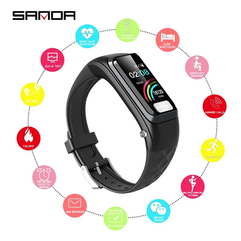 Sanda H207 Bluetooth умный Браслет кровяное давление монитор сердечного ритма Bluetooth гарнитура два в одном ответ телефон смарт часы