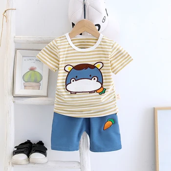 

Summer Toddler Baby Boys Girs Clothes Set Infant Cartoong Hippopotamus Striped T Shirt Tops Pants Set Kids Children Clothing