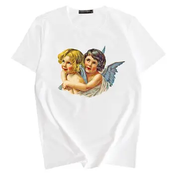 

Women Summer Harajuku Short Sleeve T-Shirt Cute Little Angels Cupid Letters Print Aesthetic Blouse Hip-Hop Streetwear Loose Tops