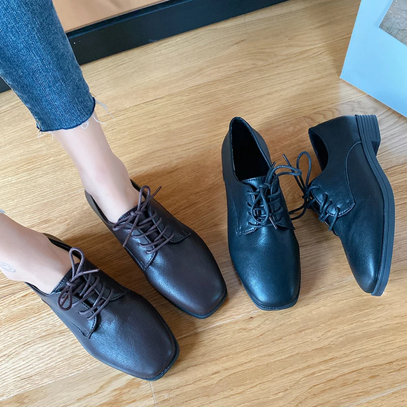 

Shoes On Heels Oxfords Women's Casual Female Sneakers Square Toe British Style Modis Summer Retro Comfortable Leather Preppy