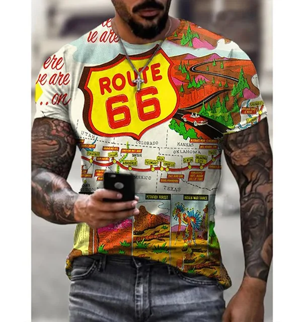 Printed T-shirt 3d Men's Short Sleeve Oversized Clothing Vintage New Summer Fashion American 66 Pattern O Collar Loose T-shirt 6 12