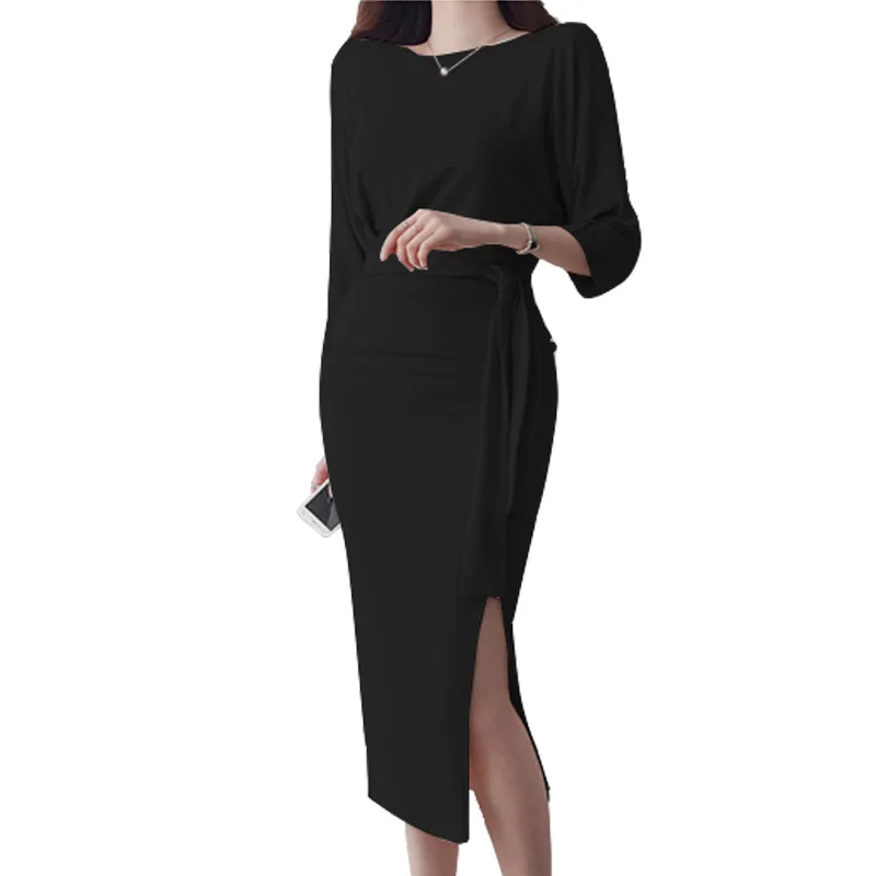 Solid Brief Autumn Dress Women Black Casual Elegant Dress Ladies Ropa Mujer Women Half Sleeve Corset Split Bodycon Wrap Dress