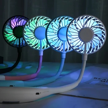 

LED Light Sports Fan Mini USB Rechargeable Neck Hanging Style Dual Cooling Fans 3 Gears Adjustable