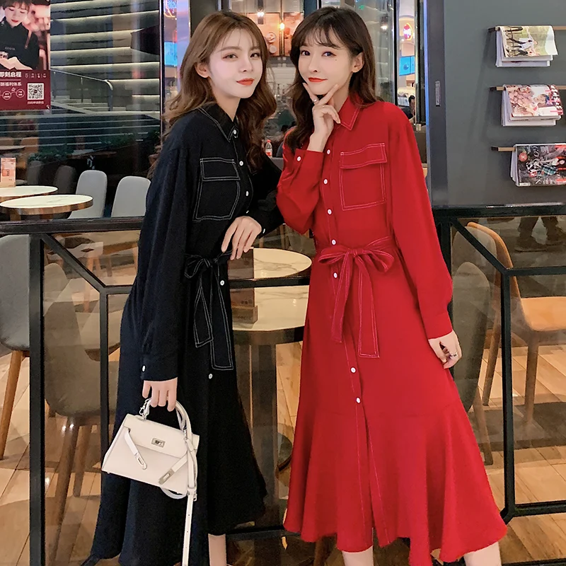 Джинсовое платье для женщин размера плюс черное красное с длинным рукавом