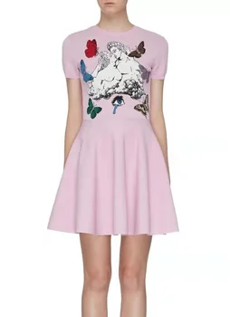 

High Quality Pink Short Sleeve A-line Sexy Rayon Bandage Dress Cocktail Party Dress