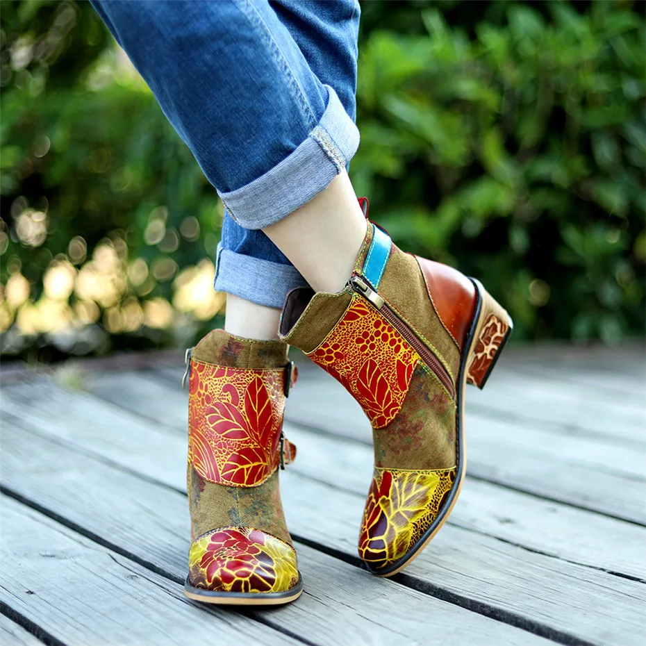 Genuine Leather Ankle Bots For Woman Shoes Vintage Handmade Print High Heels Ladies Shoes Cowboy Western Boots Plus Size 27.5cm  (3)