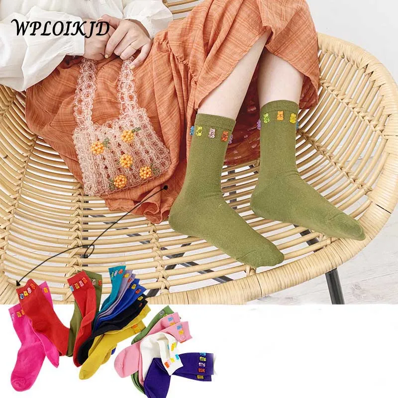 

New Product Pure Color Cotton Funny Socks Women Korean Jelly Bear Pattern Creative For Ladies Girl's Gifts Calcetines Skarpetki