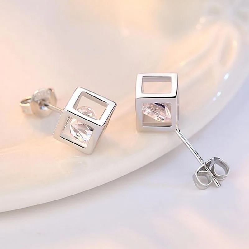 Простой 925 Серебряный Цирконий Squre Серьги-кубики букле d'oreille для женщин Девушка подарок S-E905