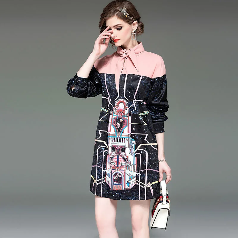 

Europe And America 2019 Spring Clothing New Style Persian Mural Printed Retro Joint Mid-length Dress WOMEN'S Dress