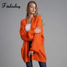Fitshinling 2019 Winter Cardigans Outerwear Coat Pockets Orange Oversized Women's Knitted Jacket Sweater Long Cardigan Female