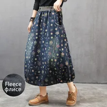 Осень зима Женская флисовая джинсовая юбка длинная свободная эластичная талия с цветочным принтом Ретро винтажная джинсовая юбка