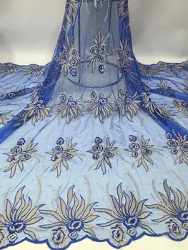 

African Beaded Embroidered Mesh Tulle Lace Fabrics Royal Blue Color Nigerian Beads And Stones Net Laces For Wedding Dress Laces