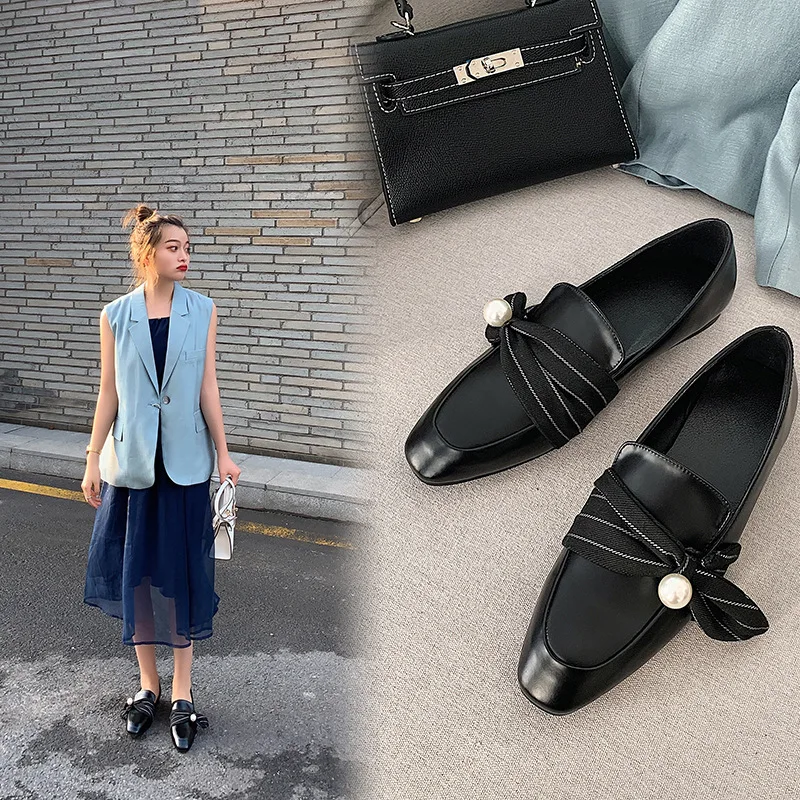 

Korean-style Explicit Thin Square Head WOMEN'S Shoes 2020 Spring And Autumn New Style Genuine Leather Pearl Bow Shoes WOMEN'S Fl