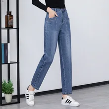 Лето нового поколения в Корейском стиле женские Штаны джинсы с высокой талией, свободного покроя, тонкая Гарун 9-точечная Штаны 20322