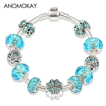 

Anomokay New Glass Charm Jewelry Silver Plated Bracelets for Women Gift Blue Crystal Beads Bracelet Bangle Female Pulseras Mujer