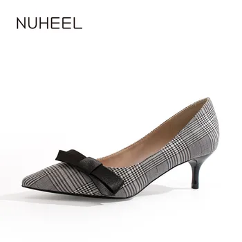 

NUHEEL women's shoes spring new mesh striped bow high heels shallow mouth pointed fairy style shoes women туфли женские