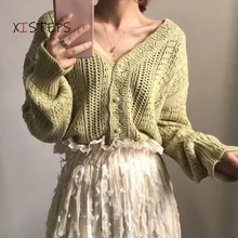 

Loose Women Cardigans Summer Autumn Hollow Out V-neck Knitting Coats Green White Female Sweaters Long Sleeve Knitting Clothes