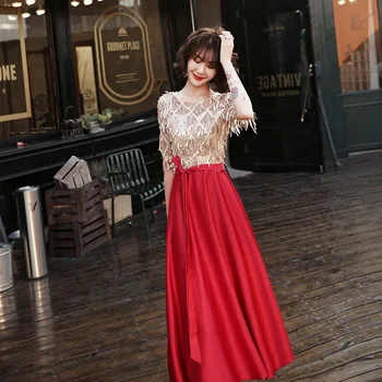 

Tassel Burgundy Sequins Exquisite Prom Party Dress Elegant Plaid Perspective Qipao Sexy Half Sleeve Chinese Cheongsam Vestidos